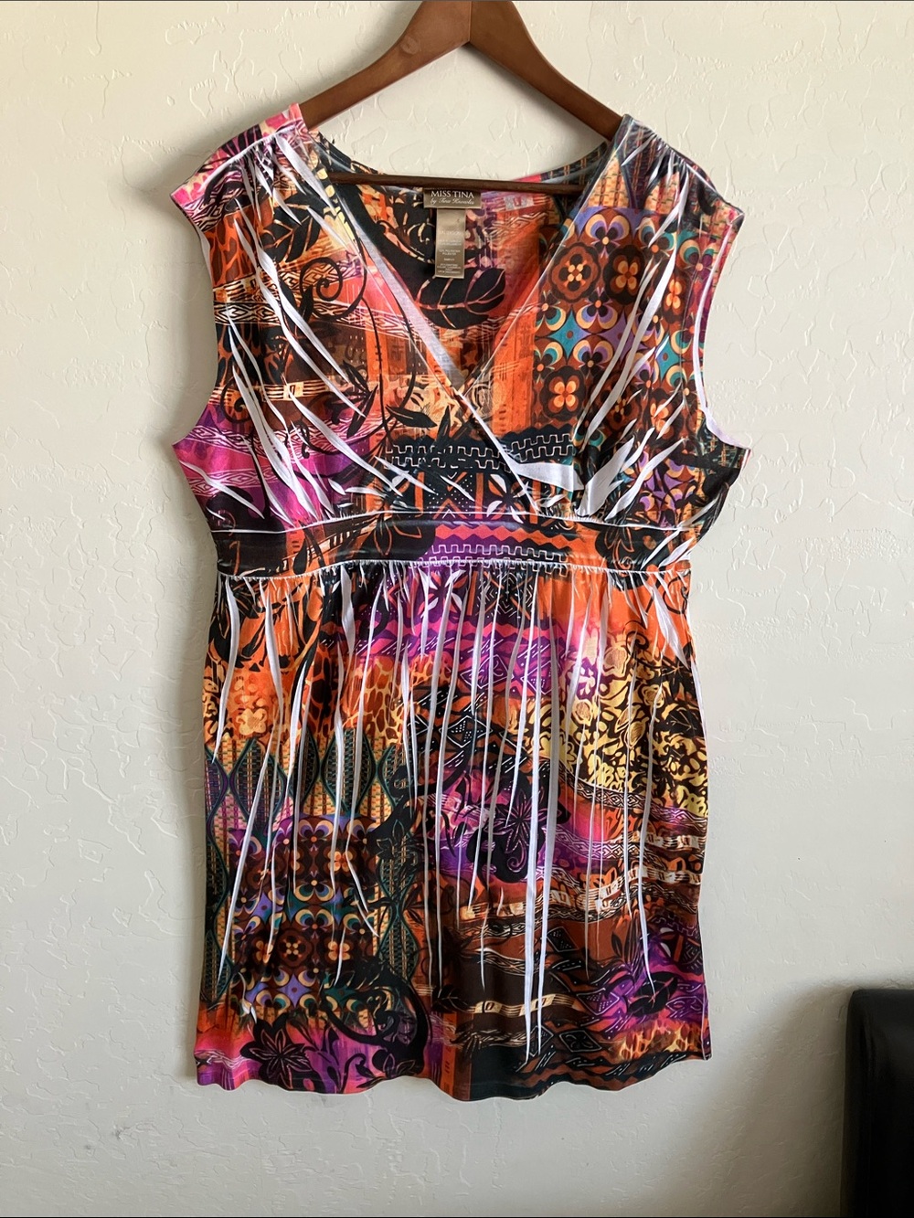 BOHO Dress Womens XXL Abstract Print Sleeveless Faux Wrap Empire Waist Pullover